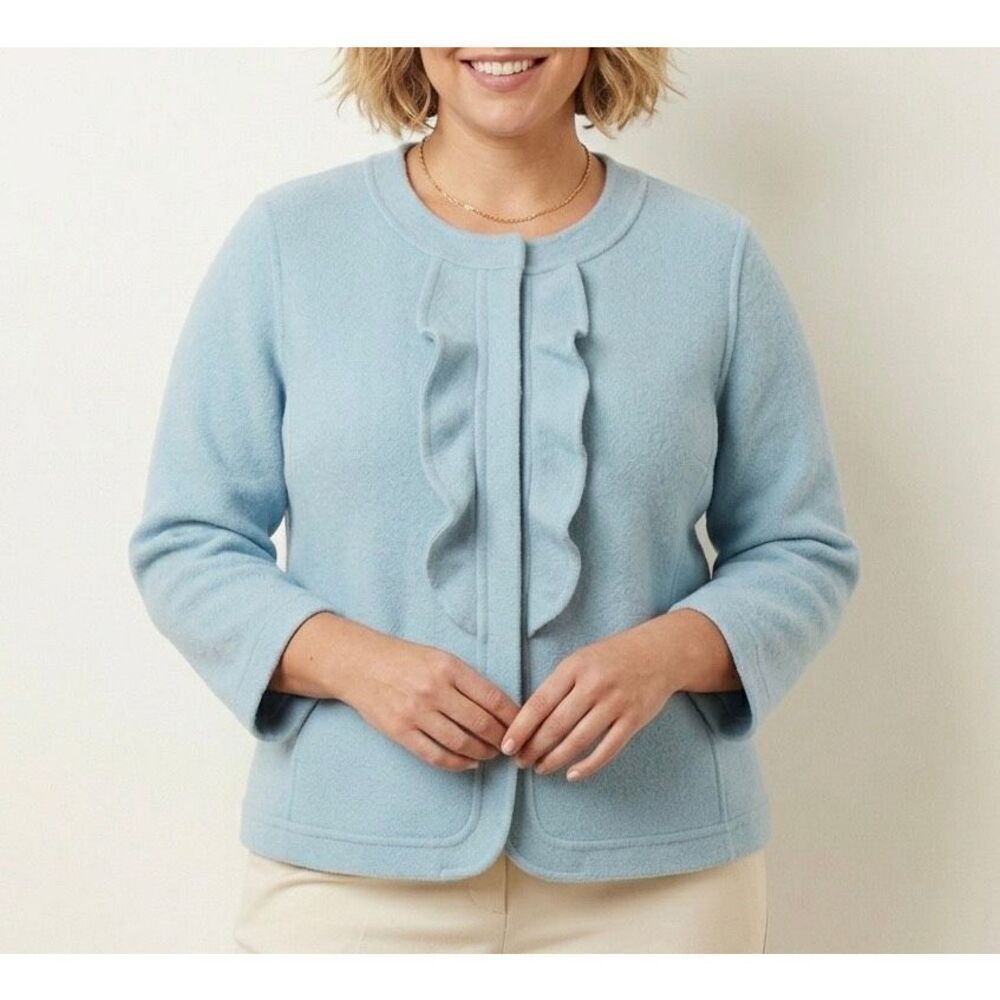 Talbots Blazer Jacket Ruffle Snap Front Wool Blend Preppy Blue‎ 16
